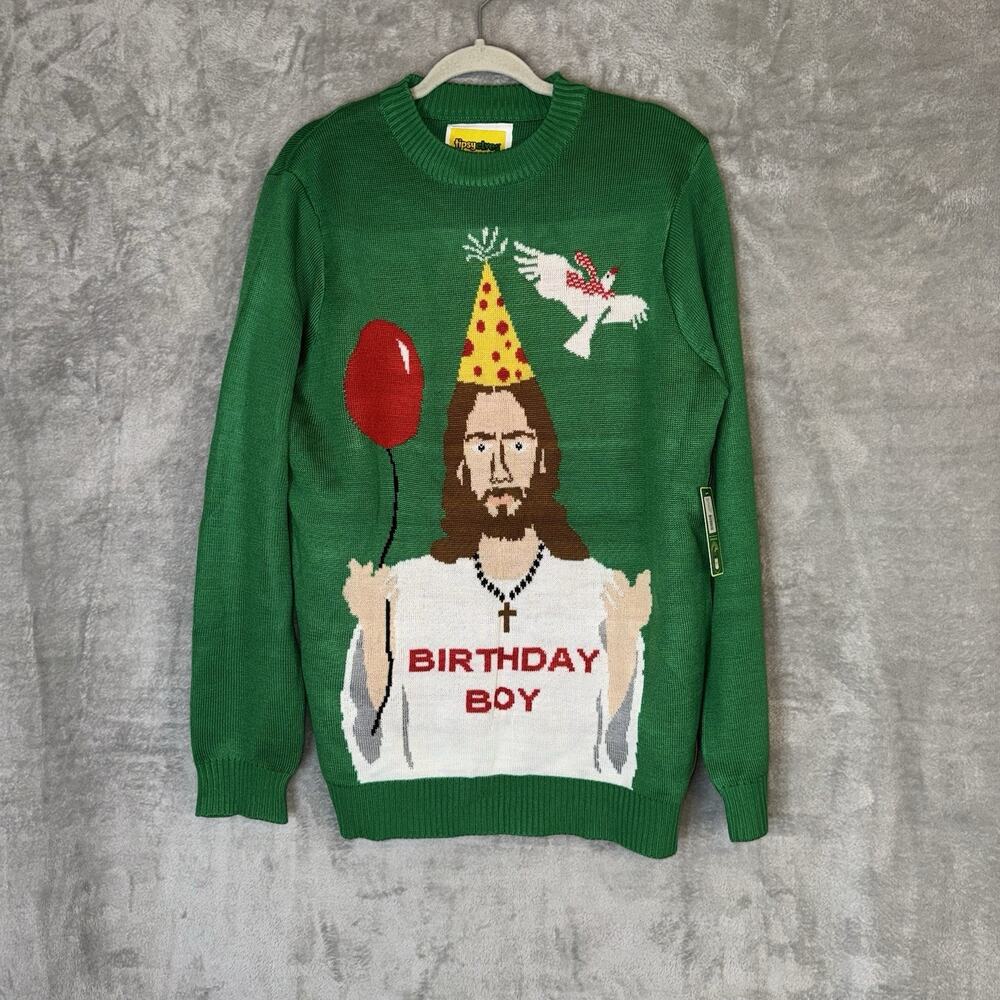 Tipsy Elves Sweater Mens Large Green Birthday Boy Jesus Graphic Knit Long Sleeve